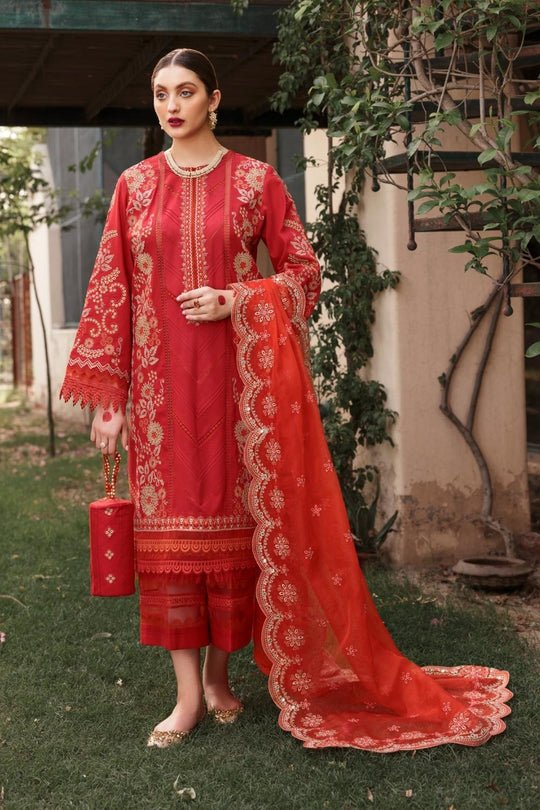 Ittehad- 3PC Unstitched Embroidered Lawn Shirt | Embroidered Organza Dupatta | Cambric Dyed Trouser