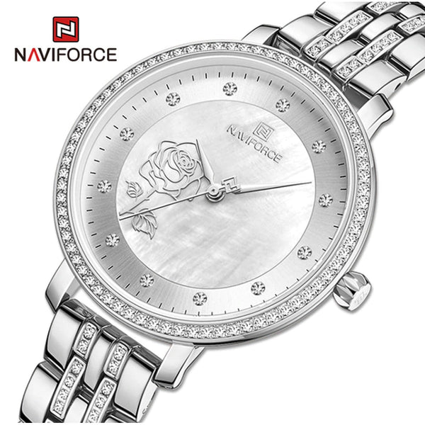 NAVIFORCE- Top Luxury Brand Women Watch Rhinestone Quartz Lady Waterproof Wristwatch Silver Stainless Steel Female Clock 5017