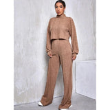 Shein- Rolled Neck Crop Tee and Trousers Set