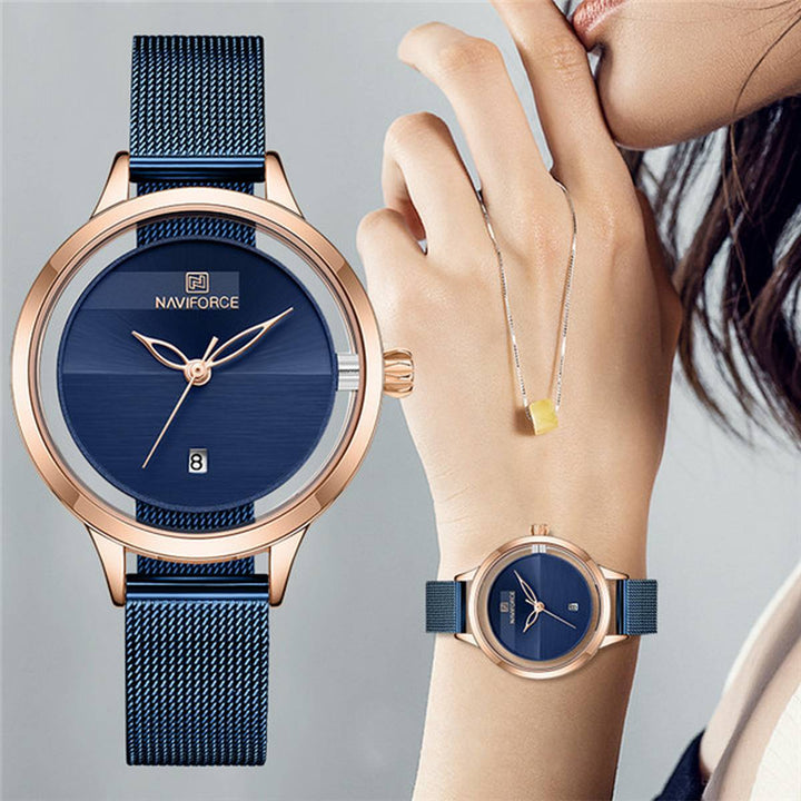 Naviforce- Ladies Japan Quartz Mesh Band Wrist Watch With Brand Box -NF5014 Blue Gold