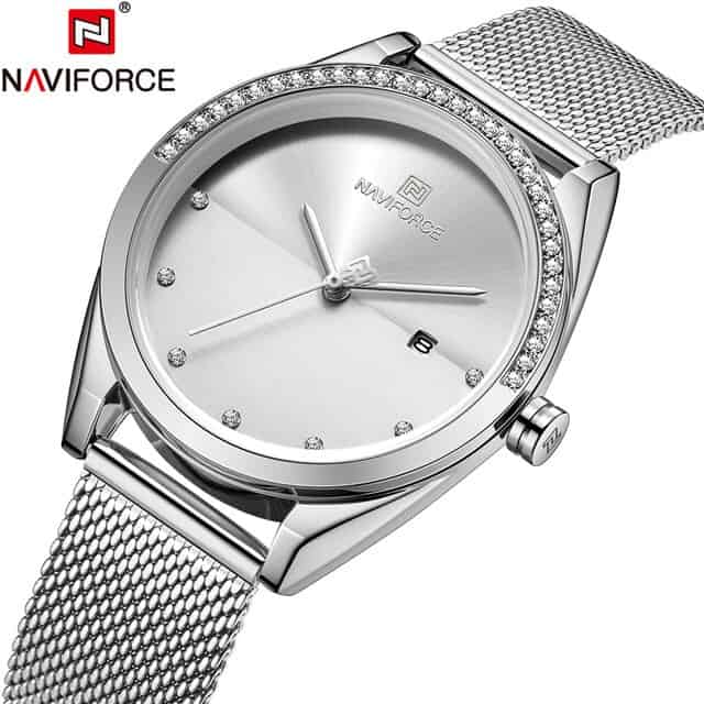 NAVIFORCE- NF5015 Black Mesh Stainless Steel Analog Watch For Women - SIlver