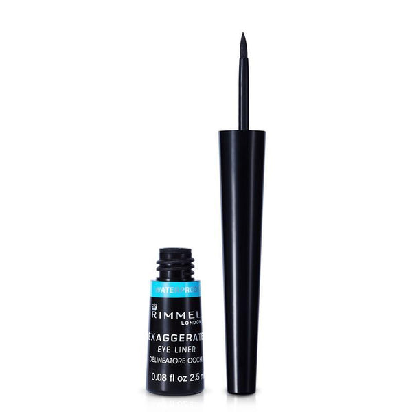 Rimmel- Exaggerate Waterproof Liquid Eyeliner, Black. A black shade with a glossy finish.