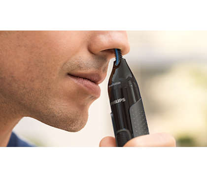 Philips Nose and ear trimmer: 100% water-proof, tube trimmer, AA-battery, 2 eyebrow comb 3 and 5mm, protective cap, Pouch. Blister box