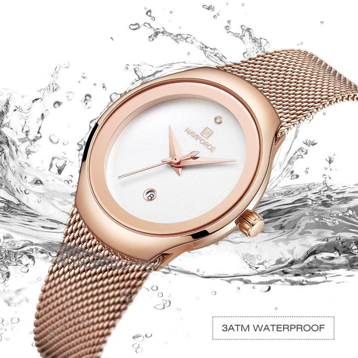 NAVIFORCE- NF5004 cheap rose gold womens quartz watch max price Mesh band water resistant auto date Concise bracelet watch design Gold