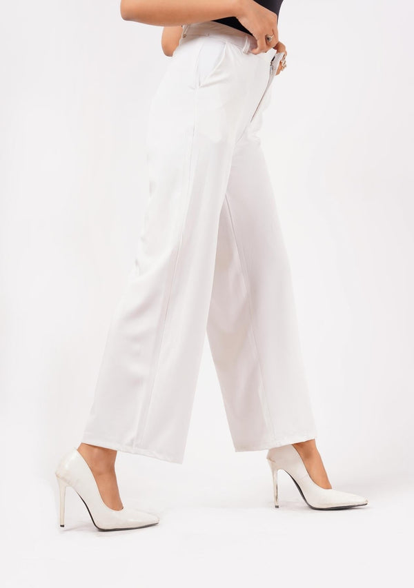 Nine90nine- High Rise Wide Leg Pant With Pocket - White