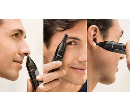 Philips Nose and ear trimmer: 100% water-proof, tube trimmer, AA-battery, 2 eyebrow comb 3 and 5mm, protective cap, Pouch. Blister box