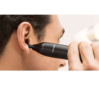 Philips Nose and ear trimmer: 100% water-proof, Powerful tube trimmer, AA-battery, 1 eyebrow comb 3mm, protective cap, black.