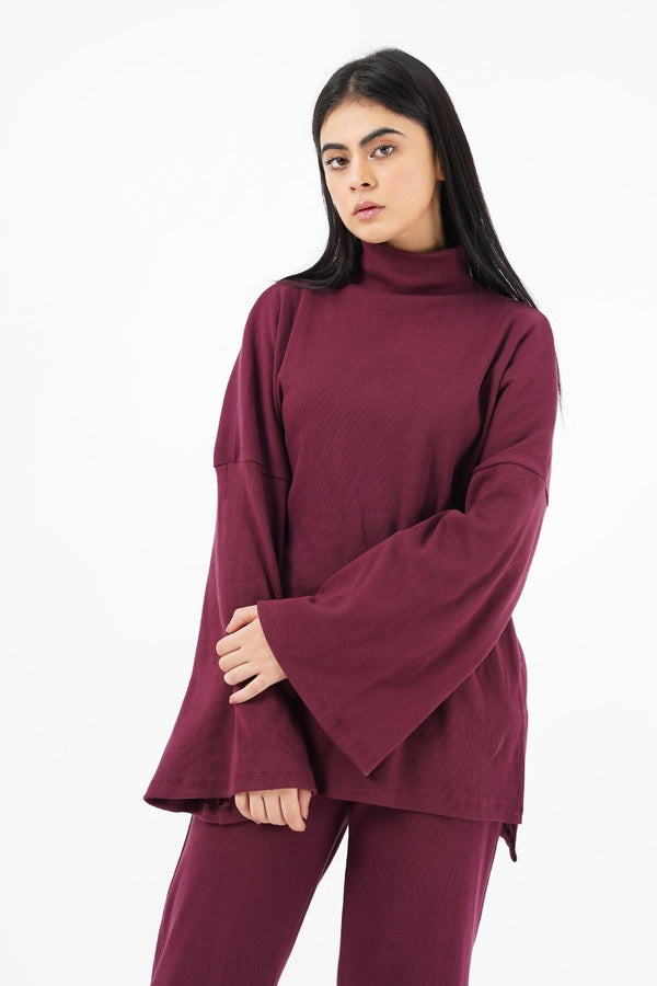 Nine90nine  - Oversized Bell Sleeve Knit Top - maroon