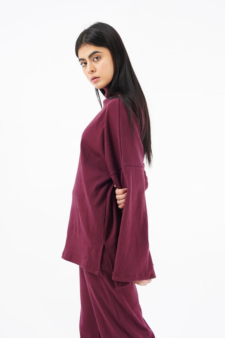 Nine90nine  - Oversized Bell Sleeve Knit Top - maroon