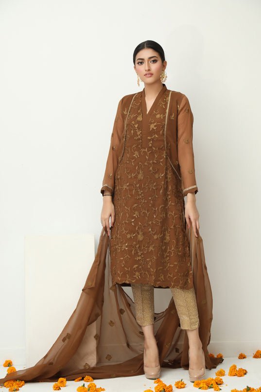 Sheep Olivia Brown Embroidered Shirt With Dupatta