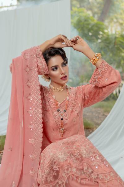 Bunai Semi Stitched Sequins Embroidered Luxury Viscose Self Jaquard with Bamber Chiffon Cuttwork Duppata BUN-008