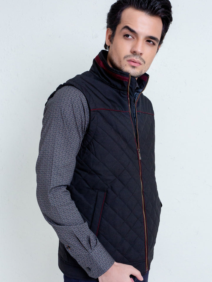 Brumano Black Structured Quilted Sleeveless Jacket