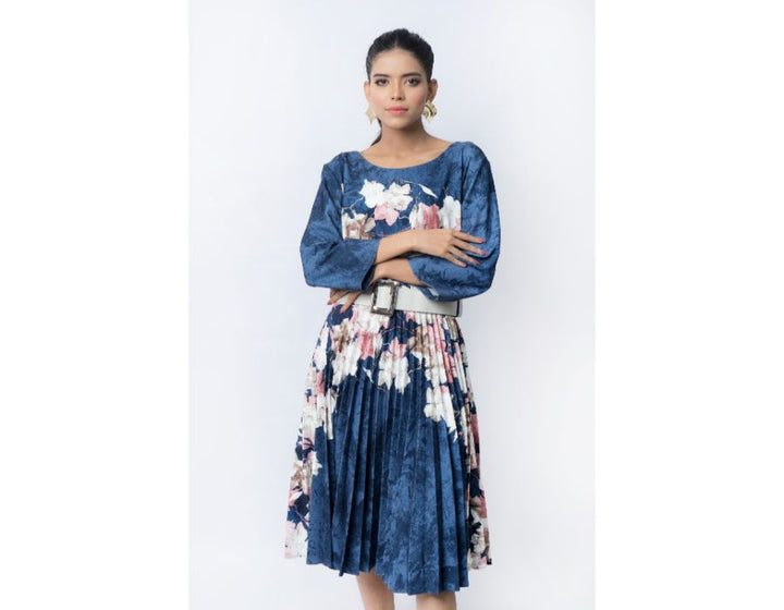 Sana Noor- Blueish Grey Western Cut Pleated Frock Euphoria