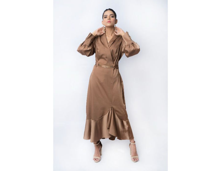 Sana Noor- Beige-Brown Western Style Coat In Korean Silk bliss