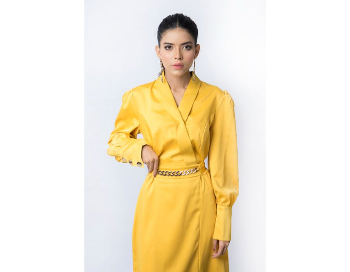 Sana Noor- Yellow Western Style Coat In Korean Silk Bloom