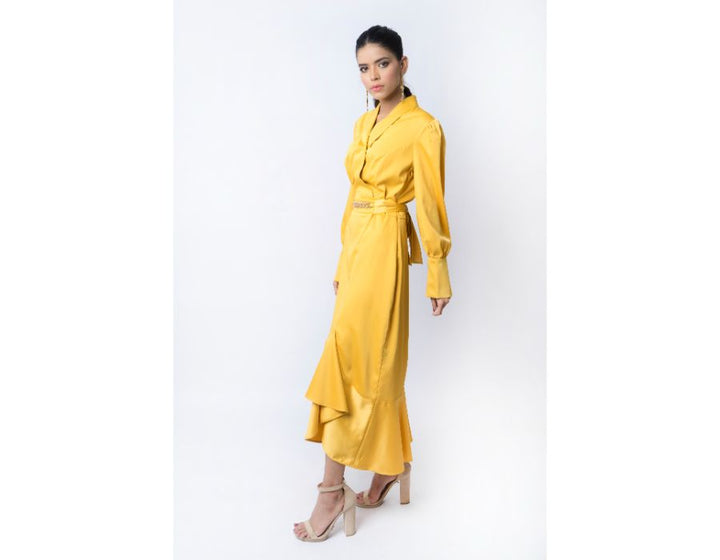 Sana Noor- Yellow Western Style Coat In Korean Silk Bloom