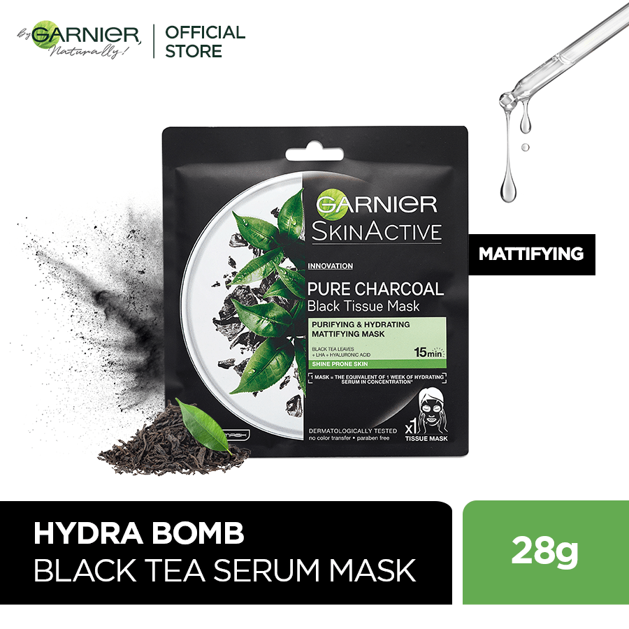 Garnier- Pure Charcoal Black Tea Tissue Mask, Mattifying