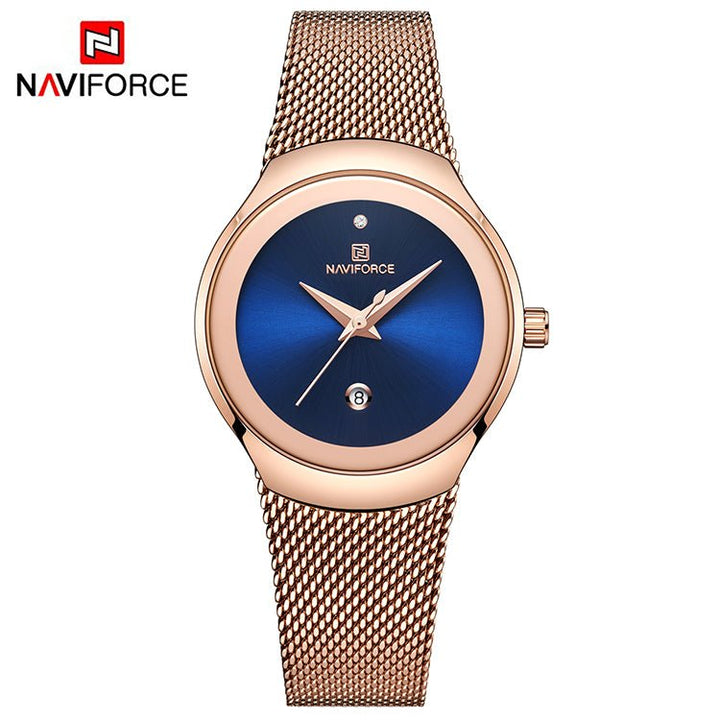 NAVIFORCE- NF5004 womens quartz watch max price Mesh band water resistant auto date Concise bracelet watch design Rose Gold Blue