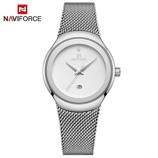 NAVIFORCE- NF5004 womens quartz watch max price Mesh band water resistant auto date Concise bracelet watch design Silver