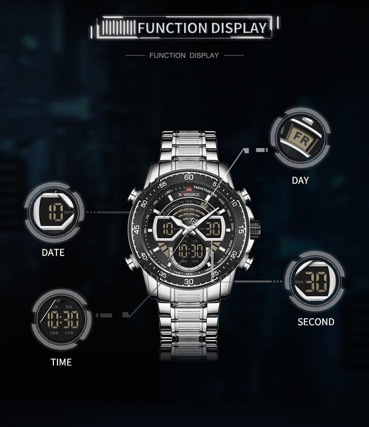 NAVIFORCE- Men Military Sport Stainless Steel Quartz Waterproof Digital Watch With Brand Box - NF9189