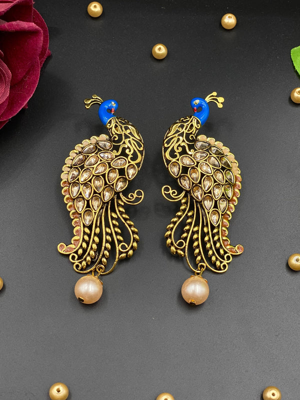 Garnet Lane- Peacock Antique Pearl Earrings	BLUE