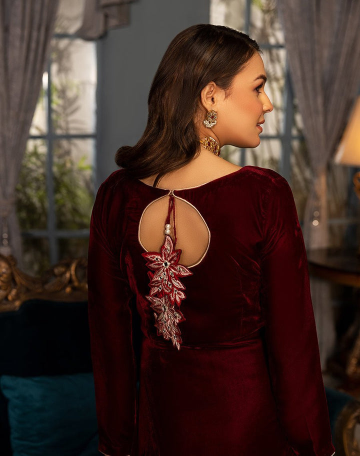 Hemstitch- Maroon Velvet Frock– Single Piece