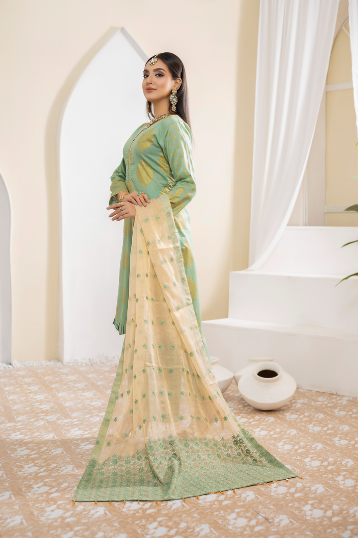 Pearla Lawn Gold Printed with Fancy Schiffli Dupatta PAR-002