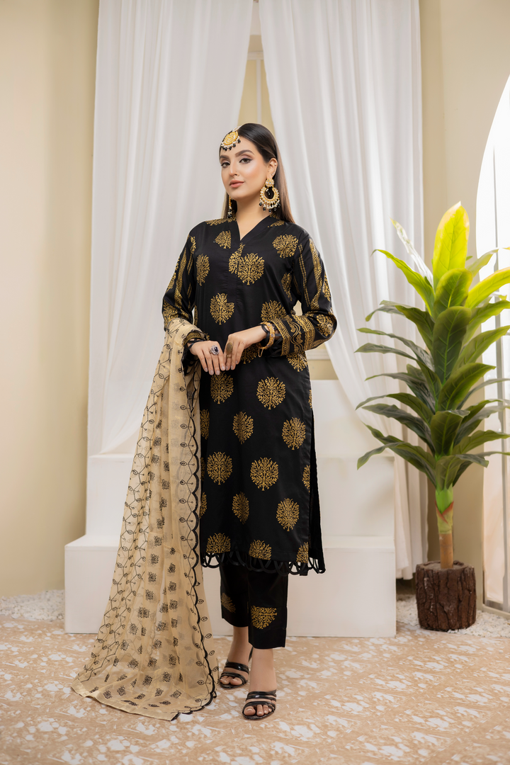 Pearla Lawn Gold Printed with Fancy Schiffli Dupatta PAR-003