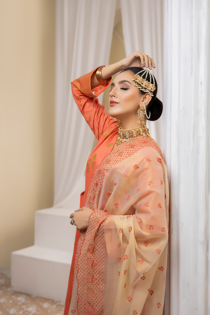 Pearla Lawn Gold Printed with Fancy Schiffli Dupatta PAR-008