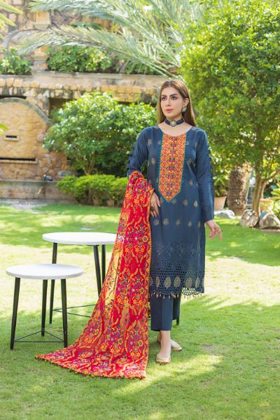 Tulsi Embroidered Viscose Schiffli Shirt With Fancy Embroidered Polly Duppata TUL-001