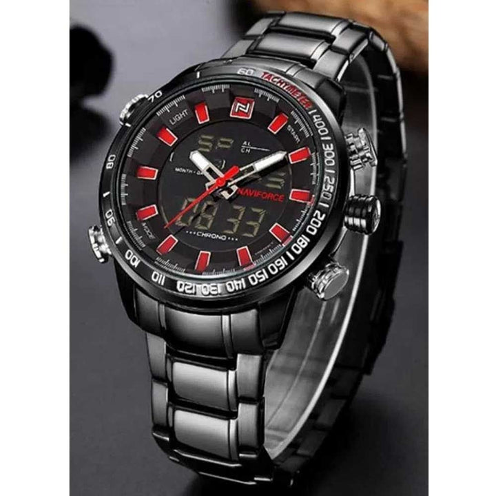 NAVIFORCE- NF9093 Stainless Steel Dual Display Wrist Watch for Men- Black and Red