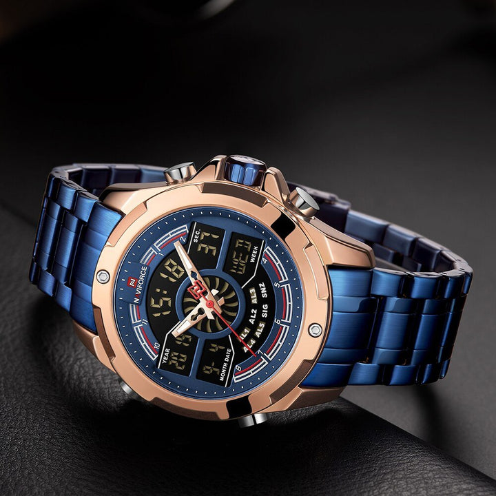 Naviforce- Nf9170 Led Display Metal Case Dual Display Watch Business Style Men Digital Watch Golden Blue