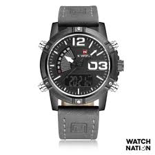 NaviForce- NF9095 Men's Waterproof Leather Strap Watch With Branded Naviforce Box Grey Black