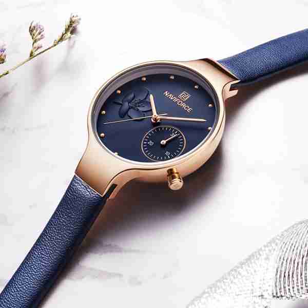 NAVIFORCE- NF5001 Waterproof Elegant Women Wrist Watch Genuine Leather Strap Quartz Watch - Rose Gold Blue