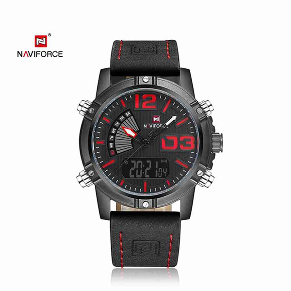 Naviforce- NF9095 Men's Waterproof Leather Strap Watch With Branded Naviforce Box Black Red